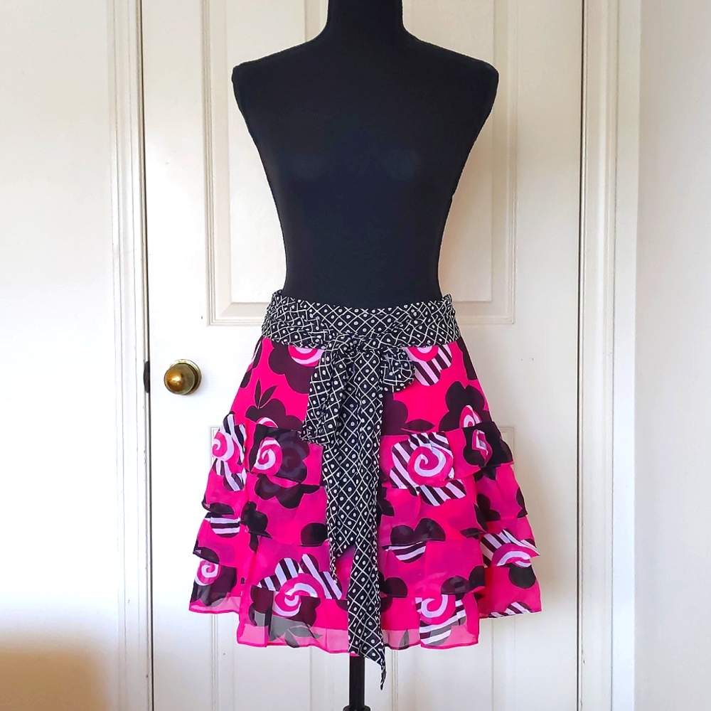 NWOT. Express 100% Silk Multi color Floral Ruffled Skirt w/tie belt/full lining.